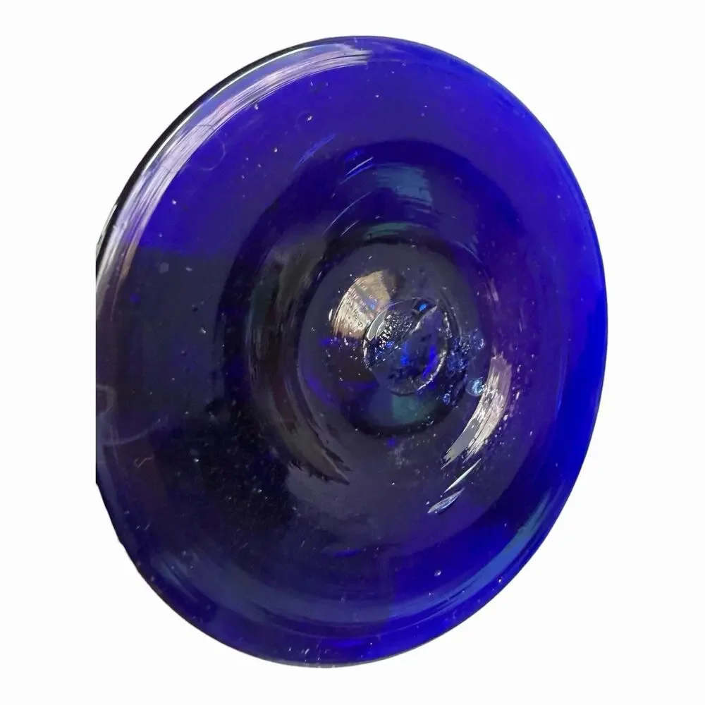 Hand Blown Wine Glasses 8” Mexican Cobalt Blue Rim & Base lot of 3